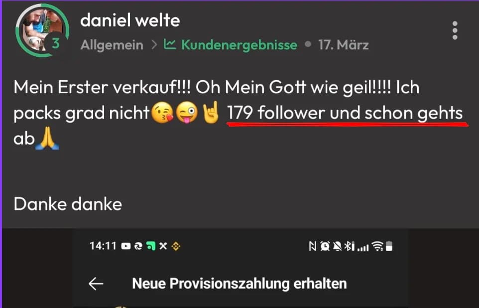 Community-Nachricht von daniel welte über seinen ersten Verkauf