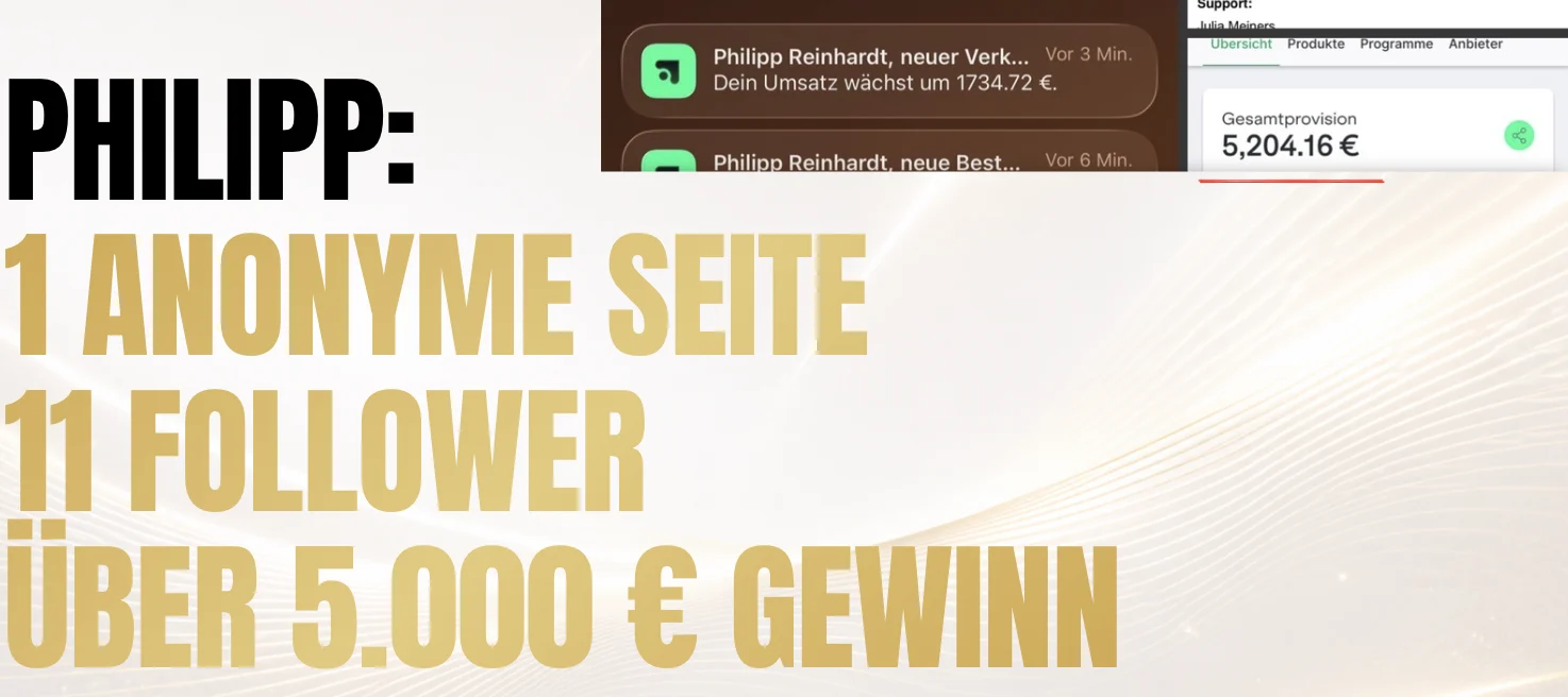 1 anonyme Seite, 11 Follower, über 5.000 € Gewinn