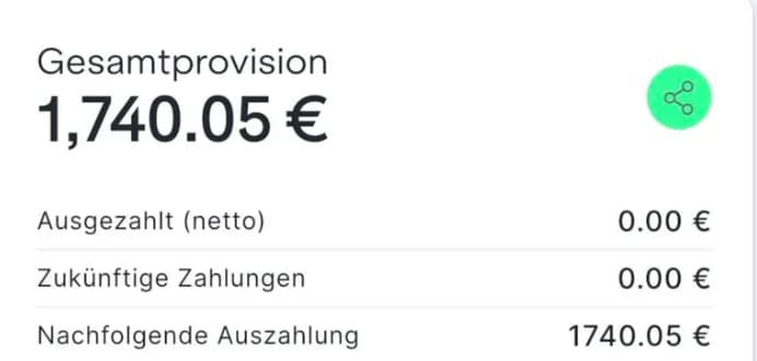 Provisions-Übersicht mit 1.740,05 € Gesamtprovision